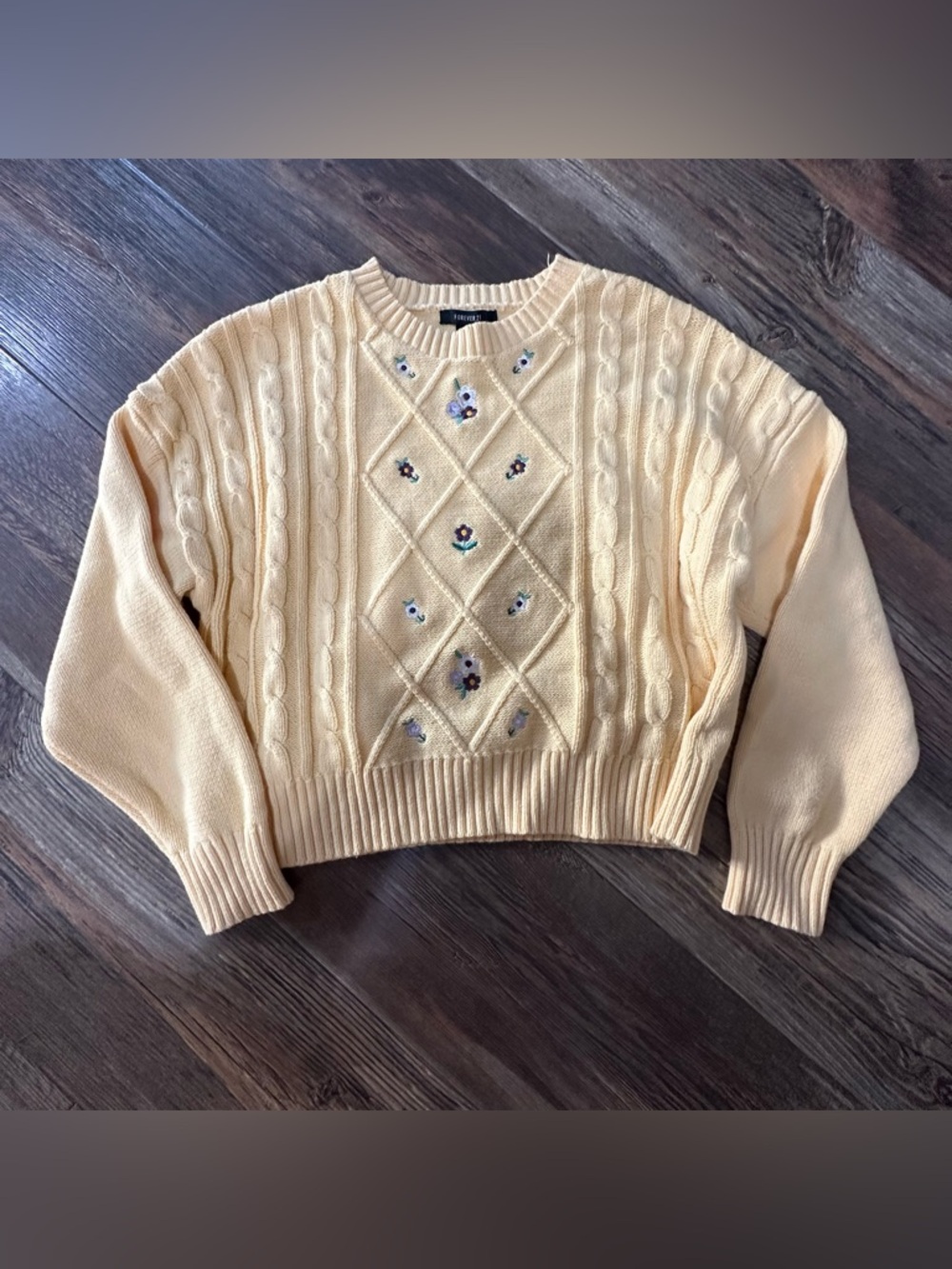 Forever 21 sunshine yellow cable knit sweater with embroidered dainty flowers